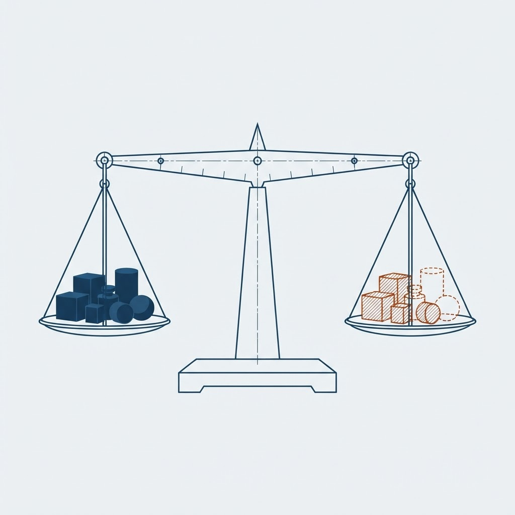 Schematische Zeichnung einer Balkenwaage: eine Seite mit massiven Gewichten für den Einkaufspreis, die andere mit gestrichelten Gewichten für den geschätzten Verkaufspreis
